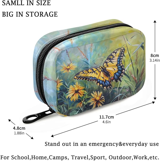 Fustylead Beautiful Butterfly and Yellow Cornflower Oil Painting Pill Organizer Travel Bag, Small Portable Pill Case Cute for Vitamin Fish Oil Supplements Medicine Organizer with Zipper