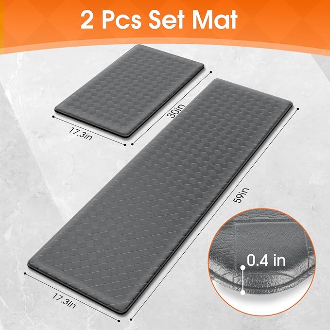 Kitchen Mats, 2PCS Kitchen Rugs, Cushioned Anti Fatigue Kitchen Mats for Floor, Non-Slip Standing Desk Mat, Waterproof Kitchen Rug Set for Kitchen Floor Office,17.3"×30"+17.3"×59" Grey