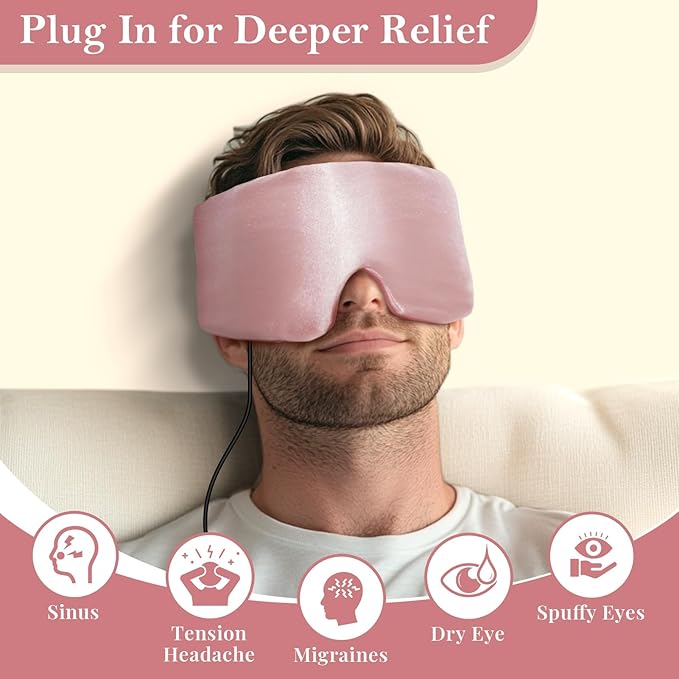 Silk Heated Eye Mask, USB Corded Electric Face Heating Pad for Sinus Pressure Relief, Warm Eye Compress for Dry Eyes, Stye and Tension Headache with 3 Temp Settings & 30-Min Auto Off, Champagne Pink
