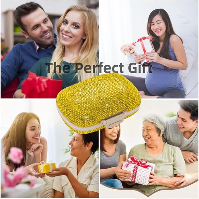 Daily 6 Compartments Pill Box Container Bling Diamond for Purse Medicine Container Holder for Women Travel Kit Medicine (Yellow)