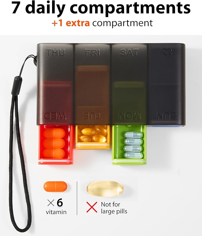 Travel Pill Organizer – Weekly Case for Once-Daily Use, Compact Pill Box 7 Day for Purse, Smooth Slide-Out Access, 8 Compartments for Daily Vitamins and Supplements, Easy to Use at Home or On the Go