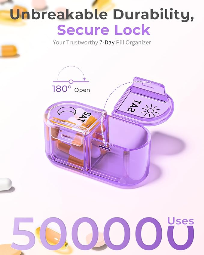 Pill Organizer, Am & Pm Pill Organizer 7 Days, Weekly Pill Case 2 Times a Day, Cute Pill Box 7 Day, Medicine Organizer for Travel, Vitamins, Fish Oils, Supplements (Gradient Pink-Purple)