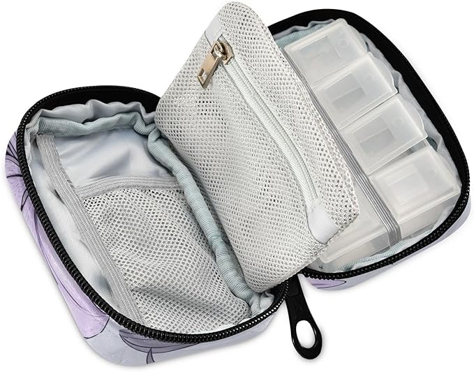 Purple Lilac Lily Travel Pill Organizer Case Box Container Weekly Portable Vitamin Medicine Holder Storage Bag with Zipper Removable