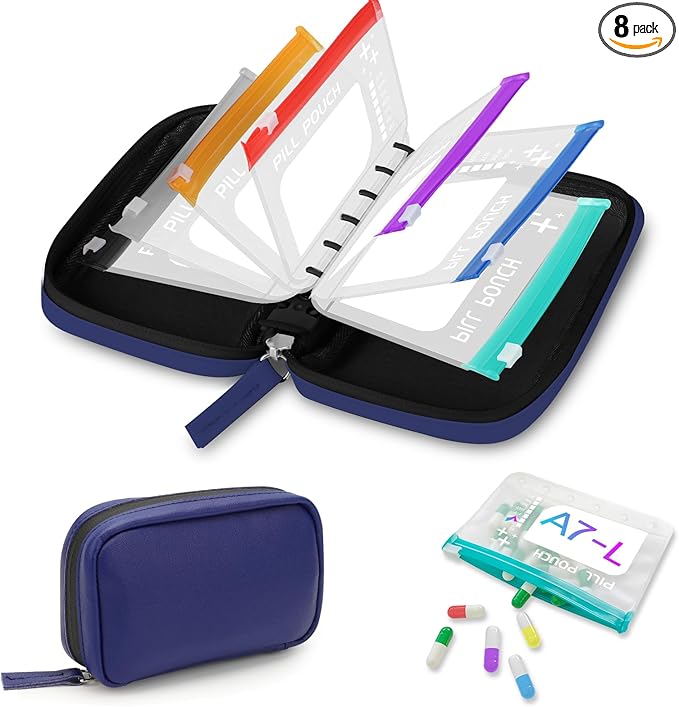 A7 Waterproof Pill Organizer with 7 PCS L Size Zippered Pill Pouches for A7 Binder, Large BPA-Free Weekly Medicine Organizer, Color-Coded Reusable Travel Pill Storage System