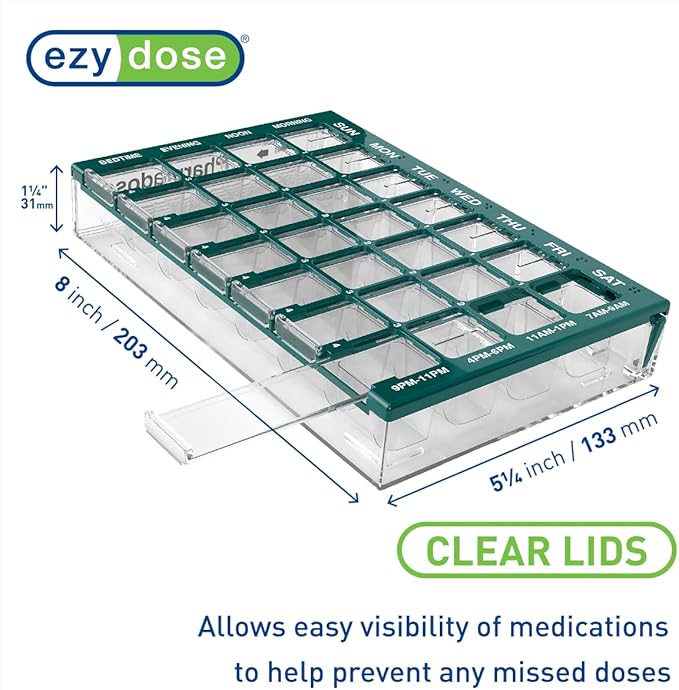 EZY DOSE Weekly AM/PM (7-Day) Daily Pharmadose Pill Planner, Medicine Case, Vitamin and Supplement Organizer, Medium Easy Fill Compartments, 4 Times a Day, 28 Compartments, Green, BPA Free