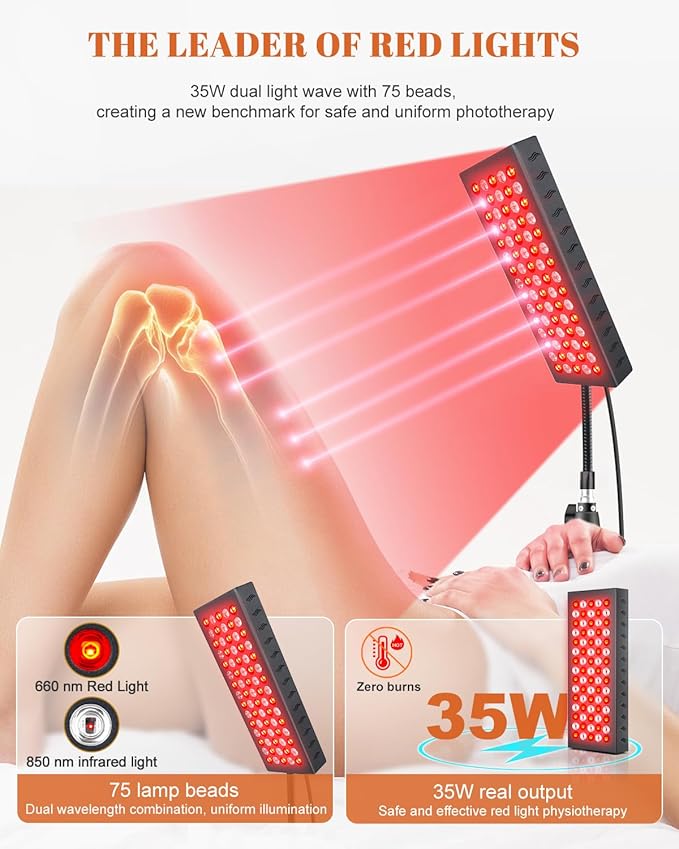 Red Lights Therapy for Body Face, 75 LED Light Therapy Panel with Stand, 35W 660nm Redlight and 850nm Near Infrared Light Device for Full Knee Body Pain Relief Skin Care at Home