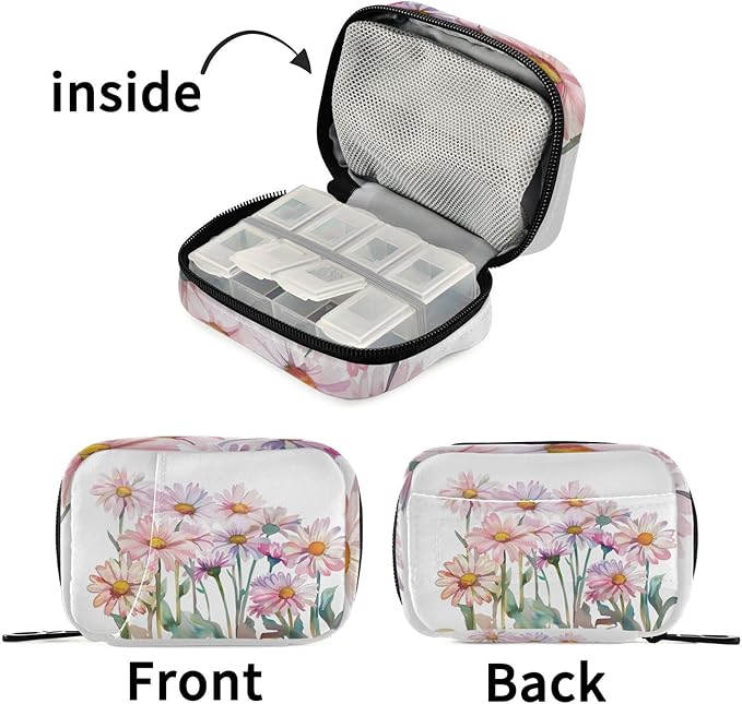 Fustylead Watercolor Beautiful Daisy Flowers Travel Pill Organizer Case Zipper for Purse with Removable Weekly Pill Box for Medicine, Vitamin, Supplement Medicine Organizer