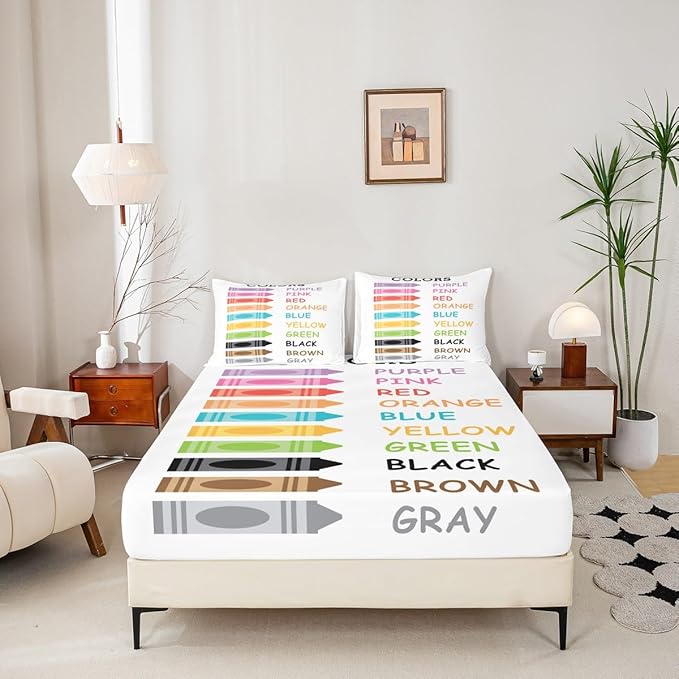Feelyou Kids Colors Learning Bedding Set Full Size, Educational Bed Sheet Set Boys Girls Preschool Fitted Sheet Kindergarten Teens Bedroom Decor Bed Set 3Pcs (No Flat Sheet)