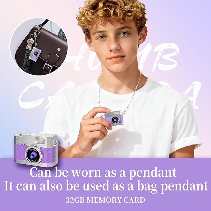 ‌Mini Keychain Digital Camera Purple - HD Mini Digital Camera with 0.96" Flip Screen & 32GB Card,Funny Gifts for Friends, for Mom