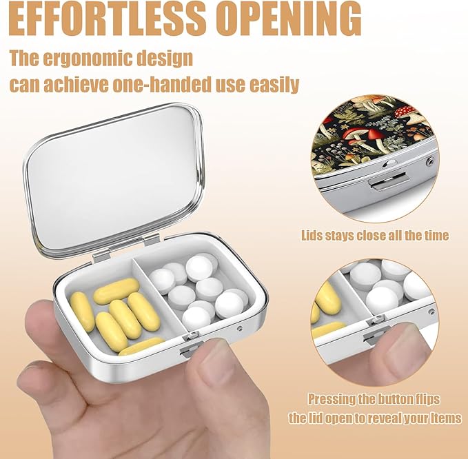Pill Box-2 Compartment Small Pill Case Square Organizer Case with Mirror Portable Metal Medicine Box Travel Container for Pocket & Purse Women Men(Mushroom)