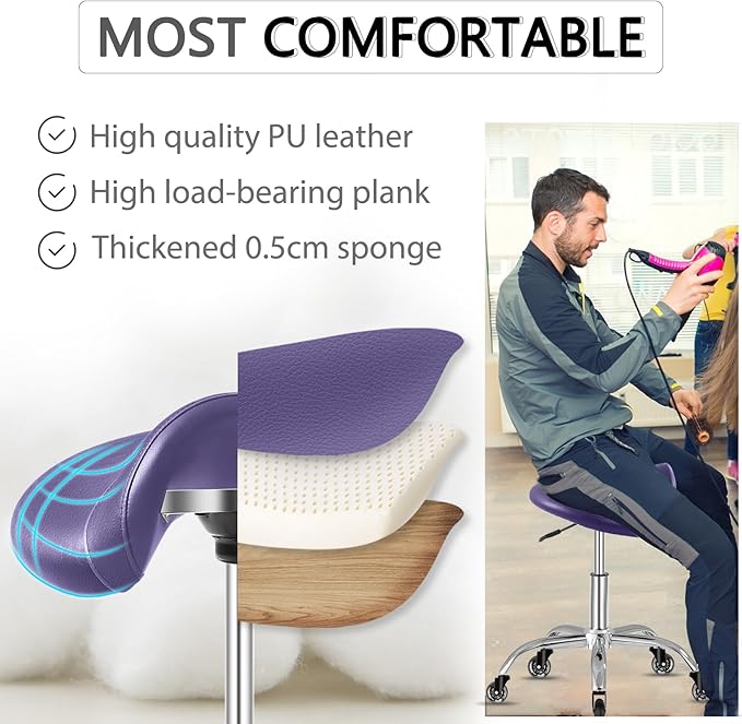 SALONFACTORY Saddle Stool with Wheels 300 lbs Weight Capacity, Heavy Duty Rolling Stool for Medical Massage Salon Kitchen Spa Drafting Nail-Tech,Height Adjustable,360 Swivel,Wide Thick Seat Padding