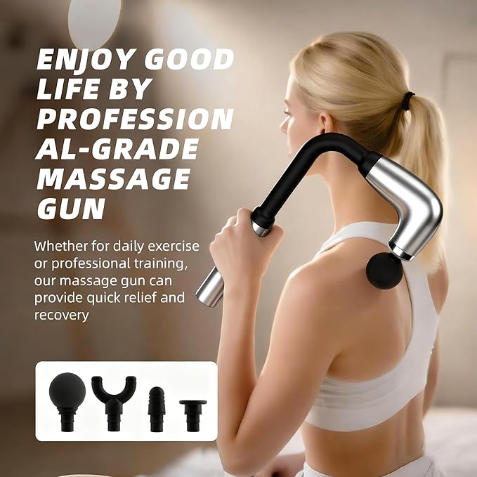 Massage Gun with Upgraded Extension Handle,Back Massage Gun Deep Tissue,Back Massager for Pain Relief for Muscles Neck Shoulders Waist Arm Legs Foot,4 Replaceable Heads & 9 Speeds (Silver)