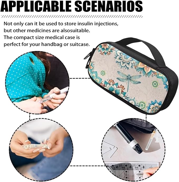 Boho Dragonfly Insulin Cooler Travel Case with Side Handle Diabetic Supplies Organizer Bags for Insulin Pens Blood Glucose Monitors or Other Diabetic Supplies