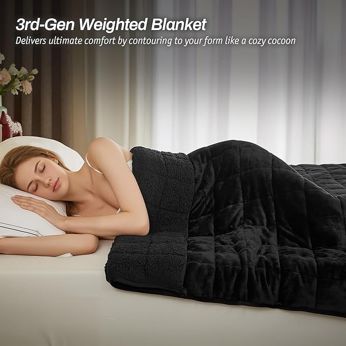 Sherpa Fleece Adult Weighted Blanket, 15 Pounds Dual Sided Soft Plush Blanket for Couch Bed Sofa, Heavy Thick Blankets with Glass Beads Great for Sleep, 48 x 72 inches, Black on Both Sides