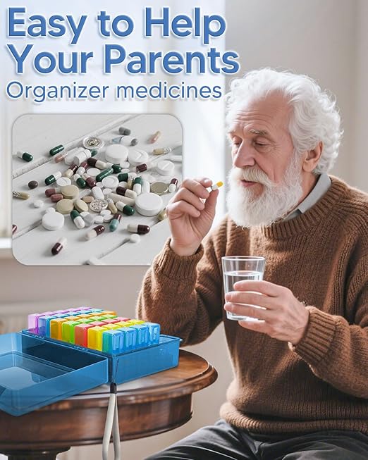 Monthly Pill Organizer 3 Times a Day, FRIWOLE Medicine Box with Portable Weekly Pill Bag, Pill Taker Remover, Pill Cutter and 2 Sticker (Blue, 3 Times a Day)