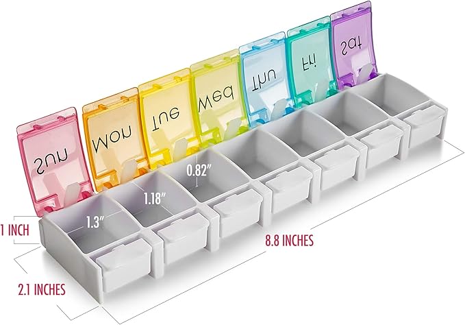 7 Day Pill Organizer - with Push Button Assisted Open a Daily Travel Pill Box Case Planner and Large Compartments for Medication Vitamins Fish Oil & Supplements, BPA Free