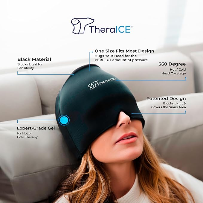 TheraICE Migraine Headache Relief Cap, Hot & Cold Therapy Hat, Migraine Relief Cap, Cool Gel Head Wrap, Headache Cap Ice Pack Mask + TheraICE Cooling Gel Relief Sleep Mask