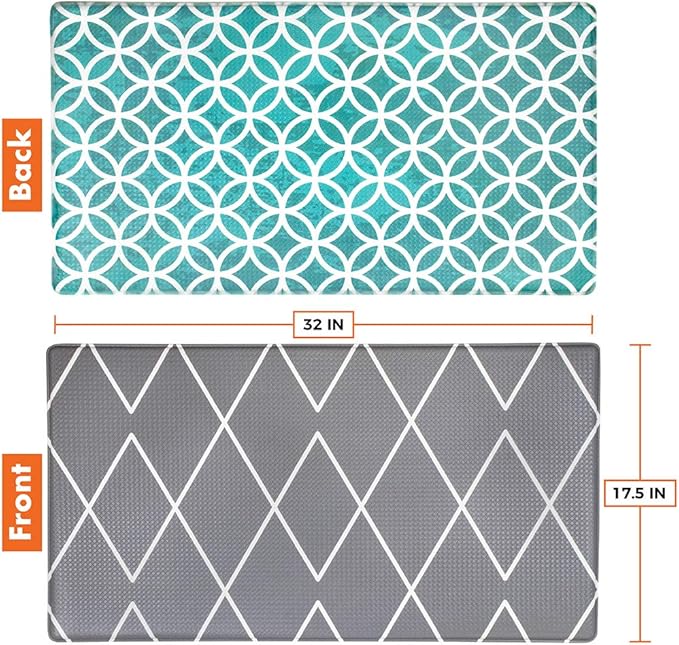 OPUX Anti Fatigue Kitchen Floor Mat, Reversible Cushioned Memory Foam Kitchen Rug Pad, Waterproof Non-Slip Padded Comfort Standing Mat Office Laundry Home, 32x17 (Geometric Teal Gray)