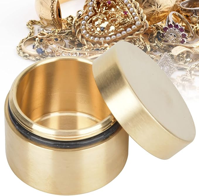Estink Brass Mini Pills Container, Outdoor Round Shape Brass Pills Case Metal Jewelry Sealed Storage Box Waterresist Mini Accessories Container for Pills Tea Leaves Jewelry Storage