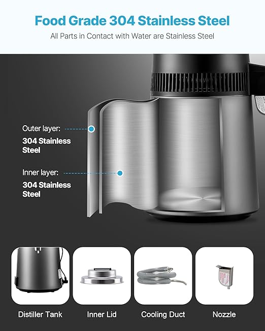 VEVOR Water Distiller, 6L/1.6 Gallon Larger Pure Water Purifier Filter for Home Table Countertop, 900W Glass Pot Distilled Maker, Stainless Steel Interior Drinking Machine to Make Clean Water
