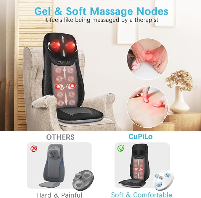Shiatsu Neck & Back Massager with Heat, Massage Chair Pad Cushion for Stress Relief, Inflatable Flaps Back Support, Kneading or Rolling Chair Seat Massage