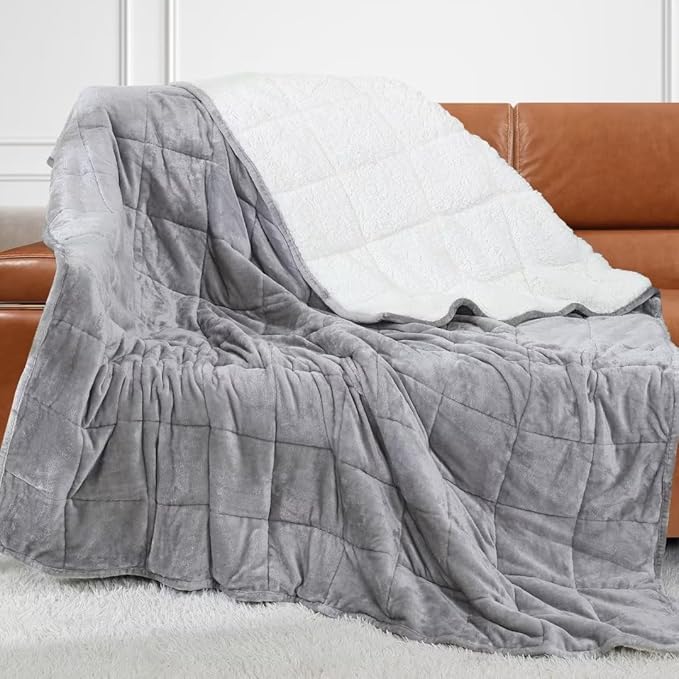 Alomidds Weighted Blanket Queen Size 20lbs 60x80 inches,Sherpa Heavy Blankets for Adults,Fluffy Warm Sherpa & Cozy Soft Flannel Thick Gravity Blanket, Light Grey