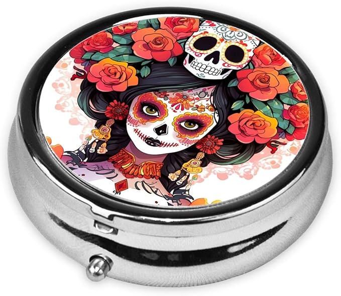 Mexican Style Women Skull Pill Box 3 Compartment Pill Case, Portable Medicine Pill Organizer for Pocket Purse Pill Box Decorative Metal Medicine Vitamin Organizer