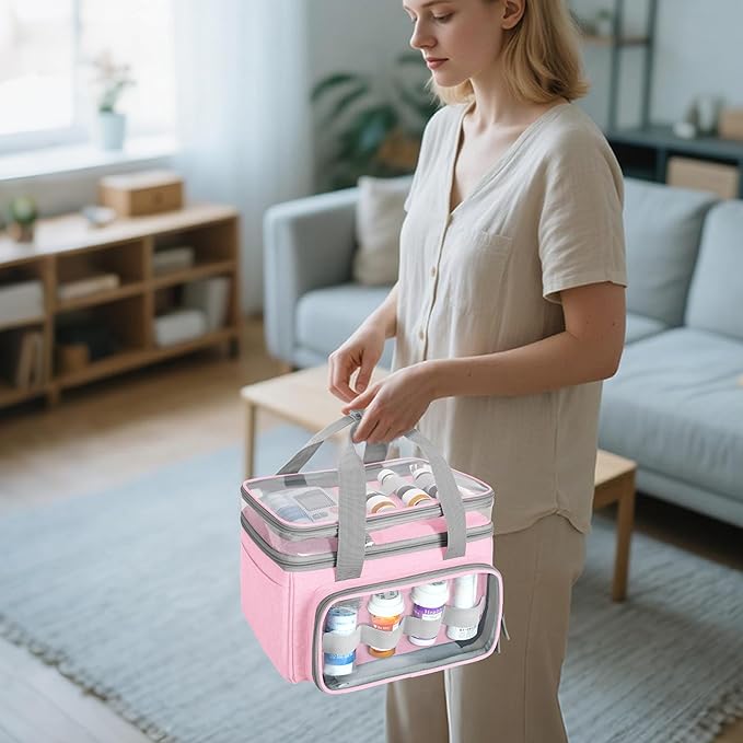 LUXJA Double-Layer Medicine Bag with Transparent Compartment, Pill Bottle Organizer with Detachable Divider (Suitable as a Home or Travel Medicine Bag), Pink