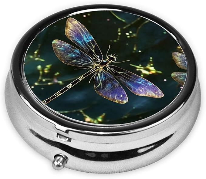 Pill Box 3 Compartment Round Small Pill Case Travel Pillbox for Purse Pocket Dragonfly Metal Medicine Organizer Portable Pill Container Holder to Hold Vitamins MedicationSupplements, Black