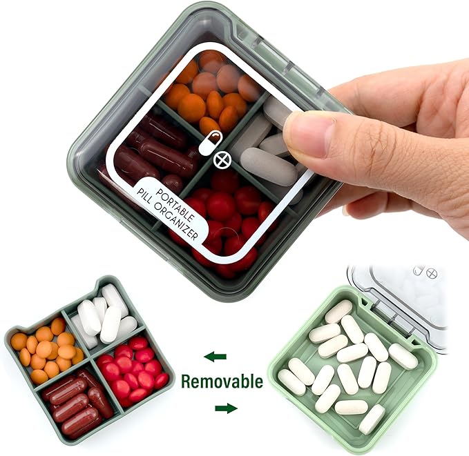 Quacc Small Pill Box, Portable Travel Case Daily Pill Organizer with 4 Large Compartmensts for Medication, Vitamin, Supplement - Green