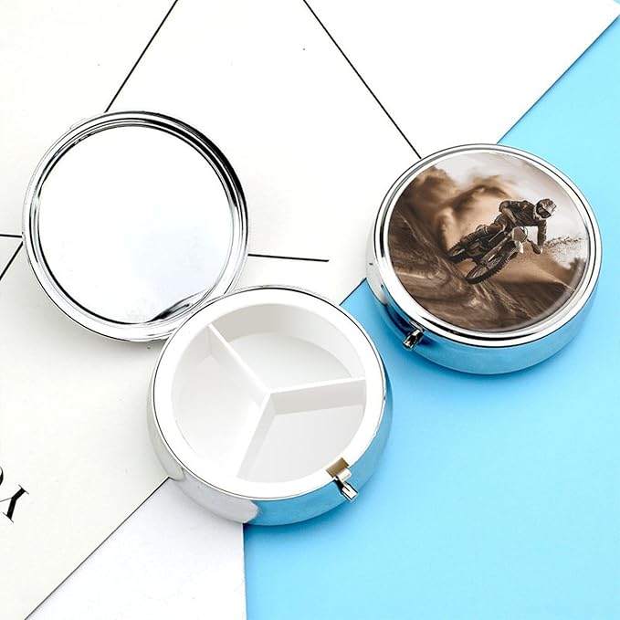 Motocross Pill Box Travel Pill Case for Purse Pocket Weekly Medicine Organizer with Mirror 3 Compartment Round Medicine Case Portable PillcaseHolder for Daily