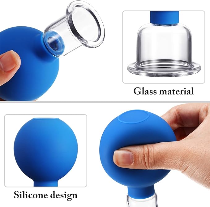Nuanchu 2 Pieces Glass Cupping Set, Facial Cupping Cups Glass Silicone Cups Vacuum Suction for Face Skin Back Shoulder Muscle (1 Inch and 0.65 Inch Diameter,Blue)