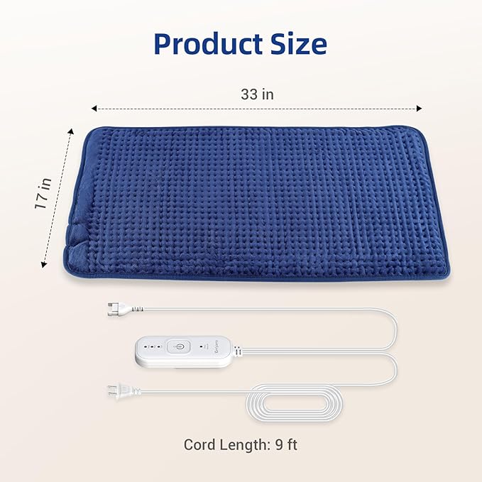 Comfytemp Extra Large Heating Pad for Back & Period, 33''x 17'' King Size, FSA Eligible Items Only List, HSA Approve Electric XL Heated Pad for Shoulder/Neck/Knee, Small Lap Blanket, Washable (Blue)