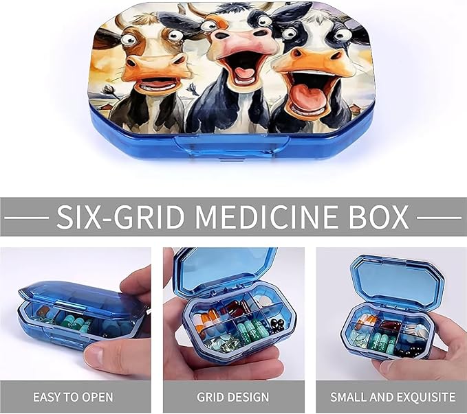 This Portable Funny Cartoon Cow Pattern 6 Compartment Pill Box Can Be Placed in A Pocket Or Wallet to Store Vitamins, Medicines Health Supplements Other Medications.
