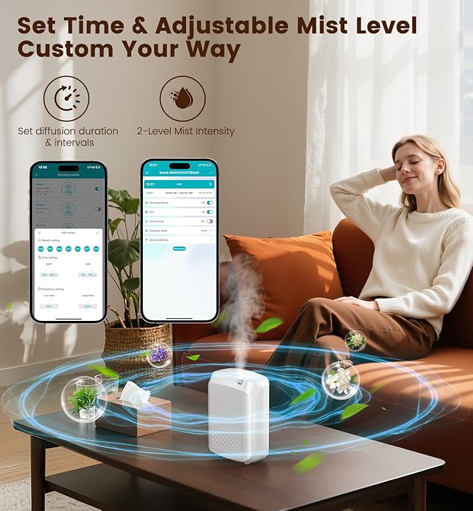 Waterless Essential Oil Diffuser 3000 Sq.Ft Coverage for Large Home Hotel Office, 400ml Cold Air Scent Machine for Aromathrapy, Bluetooth App Control, No-Noise Aroma Diffuser On Wall Gift for Her