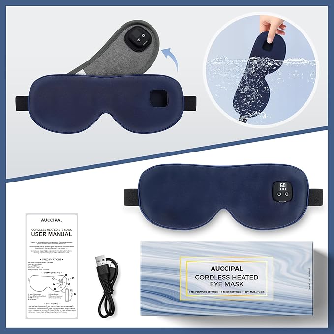 Silk Heated Eye Mask, Cordless Warm Eye Compress for Dry Eyes Styes Blepharitis, Eye Heating Pad with 4-Level Temperature & 4-Level Timing (Navy Blue)
