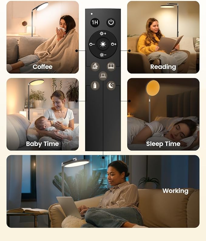 Light Floor Lamp 12000 Lux – UV-Free Full Spectrum LED Floor Lamp with 10 Brightness Levels, 5 Color Modes, 2 Setup Options, Adjustable Height, Remote & Timer for Reading, Bedroom, Office (Black)
