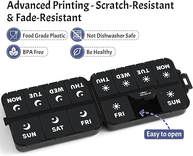 Foldable & Portable Weekly Pill Organizer 2 Times a Day with Clear Printed Labels - 7 Day AM PM Medicine Box, Week Daily Travel Pill Meds Case Holder for Medications, Vitamin, Supplement - Black