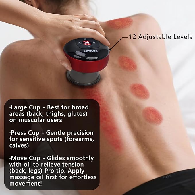 LIFELEC Smart Cupping Therapy Set - 6 Cups (Large/Press/Move), 12-Level Heat & Suction, Smart Red Light Therapy - Dual Massagers for Simultaneous Use - 2 Pack Set for Athletes, Fitness, Pain Relief