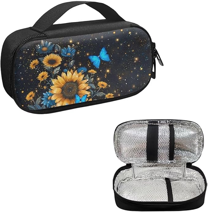 Blue Butterfly Sunflower Insulin Pen Cooler Travel Case with Handle Daily Life and Trip Storage Bag for Glucose Meter and Other Diabetic Supplies Easy to Use & Carry