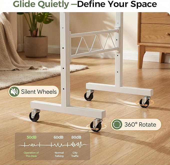 GTPLAYER Small Standing Desk Adjustable Height, 30.7"-46.4" Portable Computer Table Mobile Desk Workstation Stand Up Desk with Wheels Compact Rolling Table for Home Work Treadmill Walking Pad White