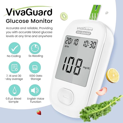 VivaGuard Talking Blood Glucose Monitor Kit,1 Glucose Meter 1 Lancing Device 100 Glucometer Strips & 100 Lancets,Blood Sugar Diabetes Testing Kit for Home use with Carrying Case Batteries,No Coding