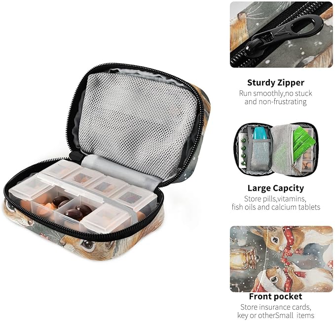 Christmas Squirrels Watercolor White Travel Pill Organizer Case Box Container Weekly Portable Vitamin Medicine Holder Storage Bag with Zipper Removable