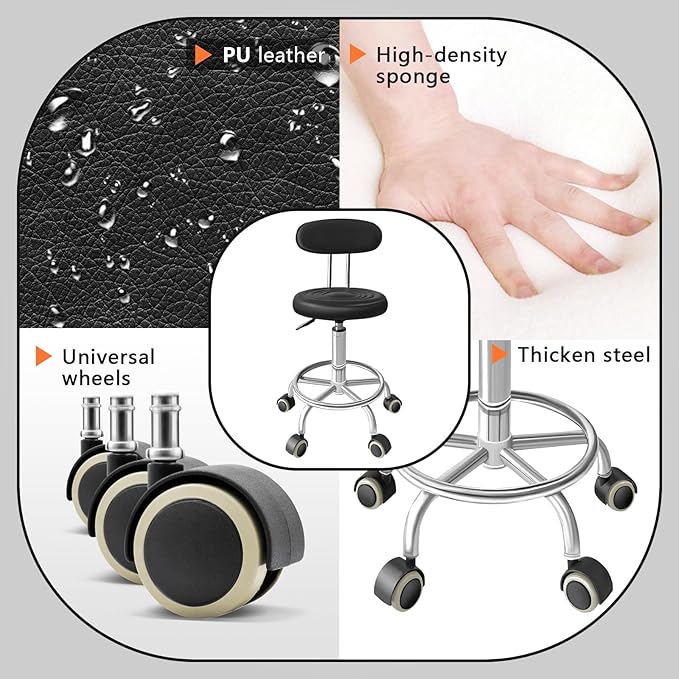 Chair with Wheels PU Leather, with Backrest, Height Adjustable, 360° Swivelling Armless Barstool with Footrest, Ideal for Pubs, Restaurants, Offices, Homes, Tattoos, Massages (Black)
