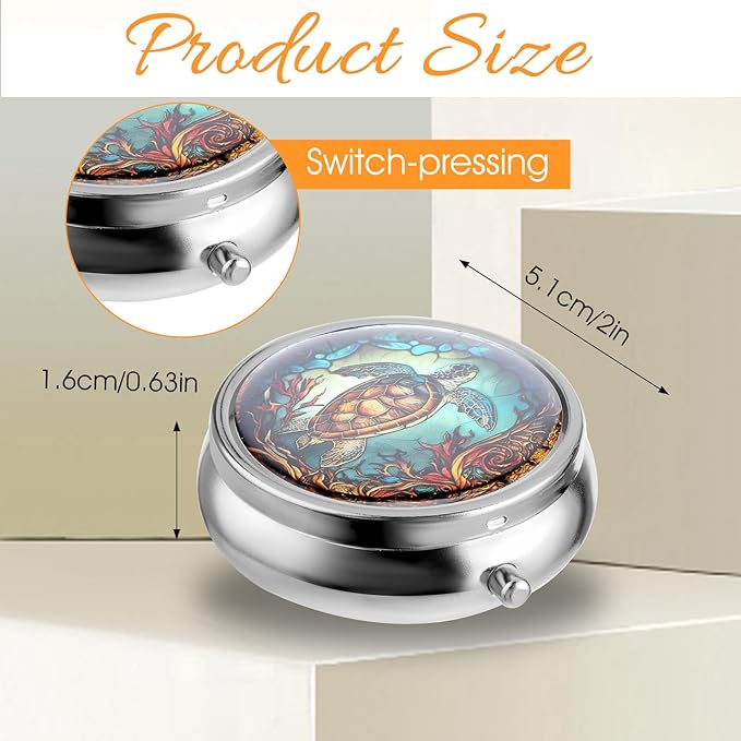 Pill Box Cute Small Pill Box for Purse & Pocket Medicine Organizer Travel Pillbox Waterproof Pills Cases Metal Pills Container Holder for Vitamins, Fish Oil, Supplements (Grey sea Turtle)