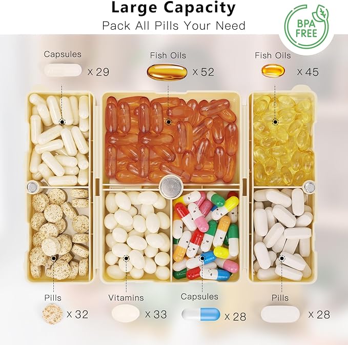 FYY Daily Pill Organizer,2 Pcs 7 Compartments Portable Pill Case Travel Pill Organizer,[Folding Design] Pill Box for Purse Pocket to Hold Vitamins,Cod Liver Oil,Supplements and Medication-White