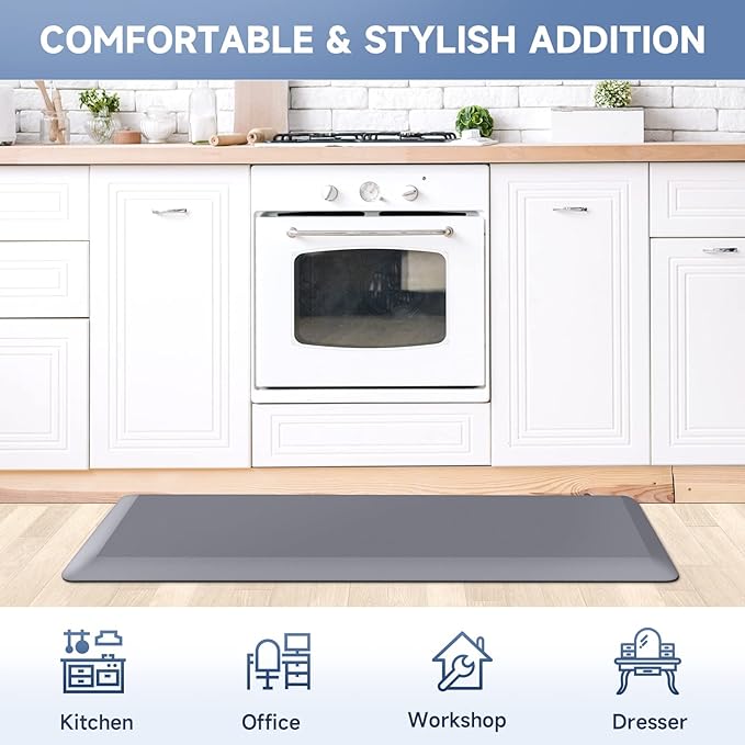 StepRite 4/5 Inch Thick Kitchen Mat Anti Fatigue Mat Kitchen Rugs Kitchen Decor Non-Slip, Stain & Water Resistant, Kitchen Mats Desk Mat for Kitchen, Office, Workshop, Grey, 17'' x 47''