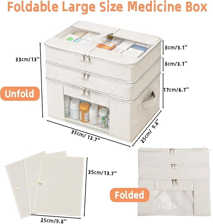 3-Tier Medicine Cabinet Organizer, Foldable Medicine Storage Box with Clear Cover and Handle, Fabric Multipurpose Medicine Organizer Box for First Aid, Home and Travel
