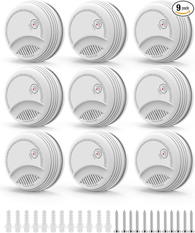 9 Pack Smoke Detector, Photoelectric Sensor Battery-Powered Fire Smoke Alarm, LED Warning Light 85 dB Alarm Sound, Low Battery Warning, Mute and Test Buttons, Suitable for Living Rooms, bedrooms, etc