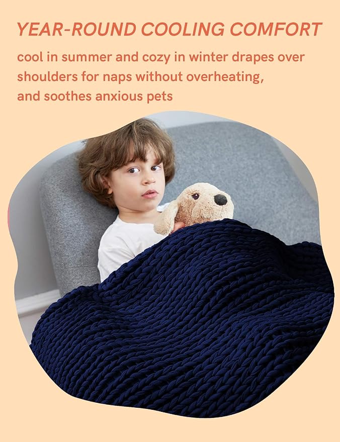 YnM Cooling Weighted Blanket, 100% Cotton Handmade Chunky Knitted Blanket, Weighted Lap, Breathable Heavy Blankets, Machine Washable Throw for Sleep or Home Decor (Navy Blue, 35x40 Inch, 5lbs)